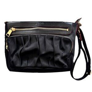 MZ Wallace Designer Black Nylon Crossbody Bag Leather Trim, Gold Tone Hardware